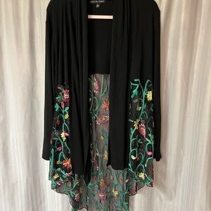 Kim & Cami Black open front long Cardigan with Colorful Floral Embroidery in M